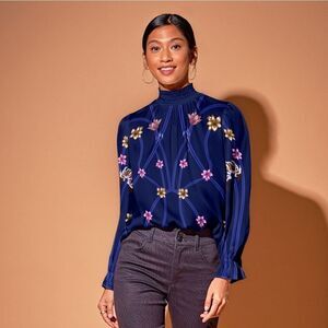Tucker Stella Top Art Nouveau Floral in Royal Blue Silk Stretch Charmeuse Blouse
